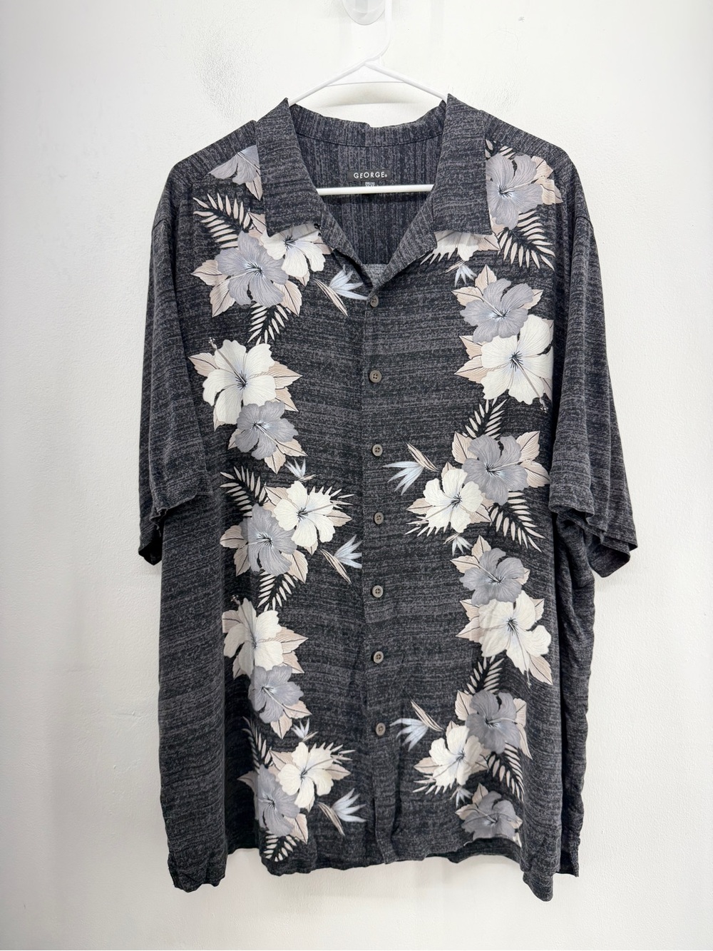 George Mens Gray Hawaiian Short Sleeve Button Collar Rayon Shirt Size 2X